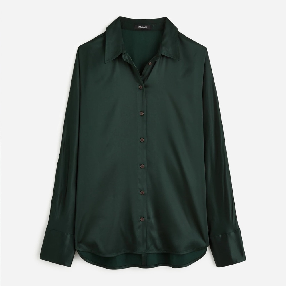 NWT Madewell Deep Green Satin Button-Down Shirt L